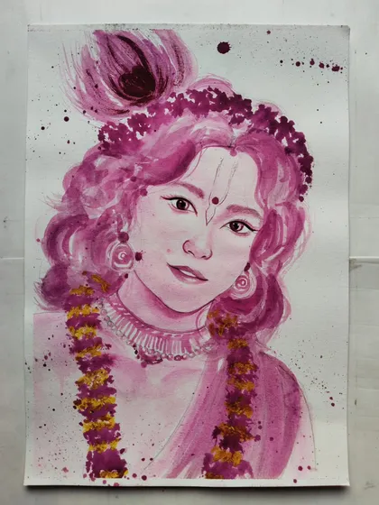 This is a custom watercolor portrait of Kanha, created with a soft, modern touch. I used a monochrome pink palette with splashes of gold to give it a unique and contemporary feel while preserving the devotional essence of Lord Krishna.