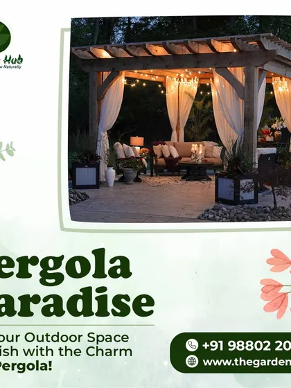 An evening view of a pergola we designed, transformed into a magical paradise with string lights and elegant drapery. This setup creates a warm and inviting ambiance, perfect for cozy nights outdoors.