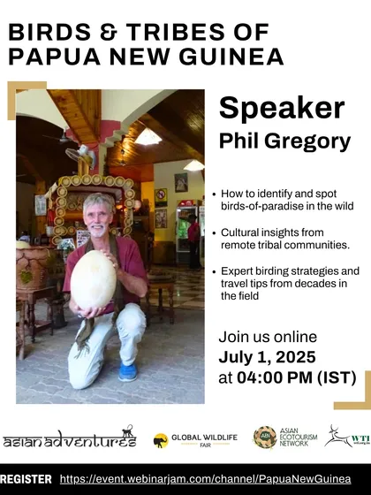A webinar announcement featuring expert Phil Gregory, who will be speaking on the birds and tribes of Papua New Guinea. We regularly host online sessions to share knowledge from top experts in the field.