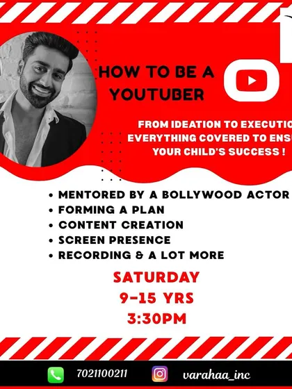 Our 'How to be a YouTuber' class, mentored by a Bollywood actor, covers everything from ideation to execution. For ages 9-15, this workshop helps children form a plan, create content, and improve their screen presence.
