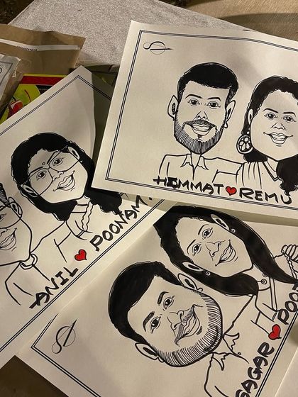 More happy faces from a wedding at the Taj Land's End Hotel. We can sketch many guests throughout an event, ensuring everyone gets a chance to have their portrait done.