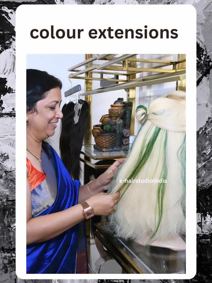 I love getting creative with colors! Here I am working on a piece with vibrant green highlights, showing that our extensions can be customized with any color you can imagine.