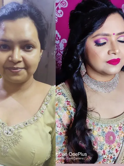 Your engagement look should be just as stunning. Here is a before and after of a glamorous look with vibrant, smokey eye makeup and a matching bold lip, perfect for an evening of celebration.