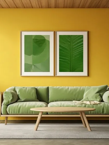 A vibrant and cheerful interior combining sunny yellow walls with a fresh green sofa.