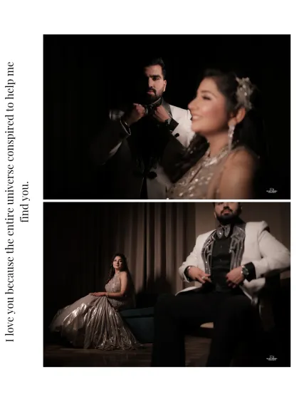 This collage captures the couple's playful and stylish dynamic. The dark, moody lighting adds a cinematic quality to their engagement portraits.