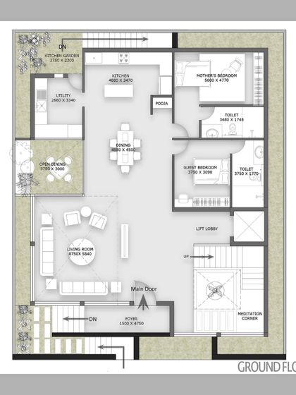 The ground floor plan for The Courtyard Glasshouse. This layout shows the open-concept living and dining areas, the integration of a meditation corner, and the direct connection to outdoor spaces like the kitchen garden.