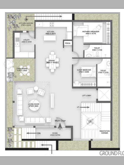 The ground floor plan for the Courtyard Glasshouse. You can see how the living, dining, and kitchen areas are organized around the central courtyards to maximize light, ventilation, and views.