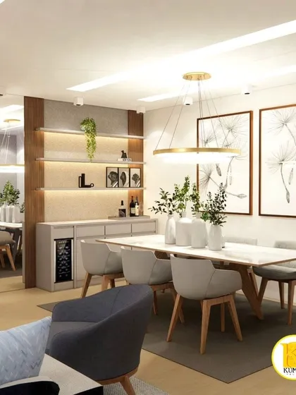 A closer view of the dining area's bar unit, complete with a wine cooler and backlit display shelves.