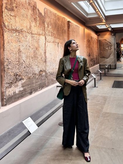 Another shot from the museum, showing how the colors of my outfit pop against the neutral gallery walls. Personal style is about creating your own art.