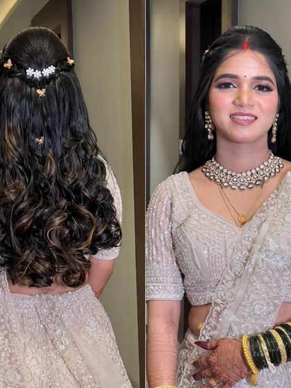 A front and back view of the complete reception look, showing both the makeup and the hairstyle.