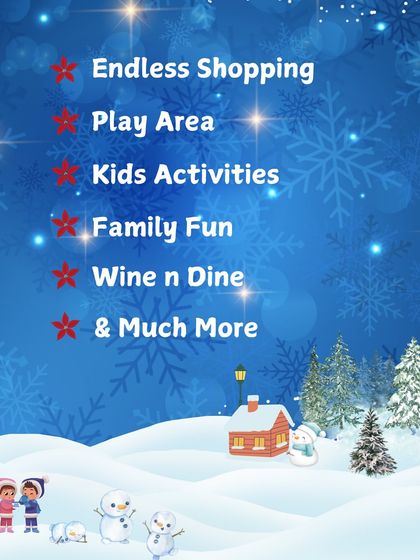 A list of attractions at the Kids Winter Wonderland, including endless shopping, a play area, kids' activities, and family fun, set against a snowy blue background.