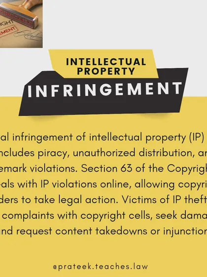 This post is for creators and businesses, explaining digital intellectual property infringement, including piracy and unauthorized distribution. It points to Section 63 of the Copyright Act as the basis for legal action and outlines remedies like filing complaints, seeking damages, and requesting content takedowns.