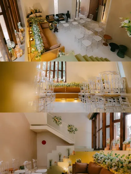A collage of the intimate wedding venue decor. The clean white and gold palette, accented with fresh flowers and elegant seating, creates a sophisticated and welcoming atmosphere.
