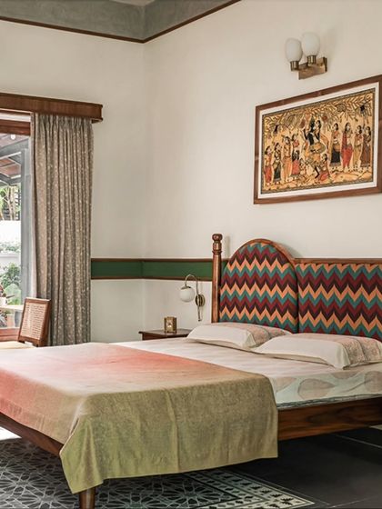 Furniture from The Artist's Residence, featuring our Avani Bed with a custom chevron headboard and the versatile Ramaniyam Console Unit. These pieces blend seamlessly into the artistic and eclectic vibe of the home.