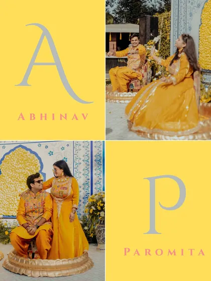 A stylish collage with the couple's initials, featuring their portraits from the Haldi ceremony, creating a personalized and modern memory.