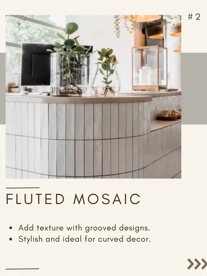 This reception desk showcases how I use materials to make a strong first impression. The curved counter is finished with a fluted mosaic tile, adding texture and a contemporary, stylish feel that immediately elevates a boutique or office entryway.