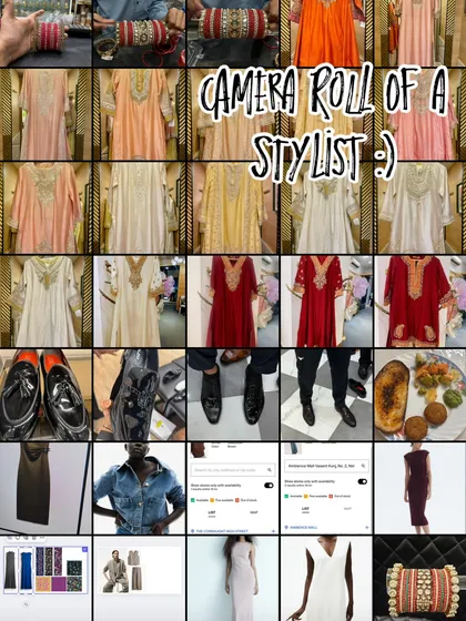 A snapshot of a stylist's camera roll. It's a mix of outfit flat lays, screenshots of online finds, shoe options, and of course, delicious food to keep the energy up during long shopping days.