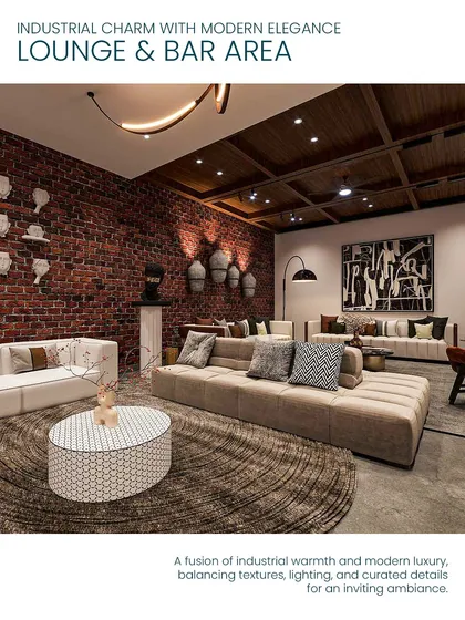 This lounge and bar area combines industrial charm with modern elegance. An exposed brick wall is balanced with plush sofas, a coffered wooden ceiling, and contemporary art.