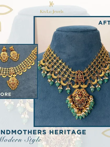 From grandmother's heritage to modern style. This before-and-after shows a classic necklace updated with emerald drops and pearl accents, transforming it into a trendy piece without losing its traditional charm.