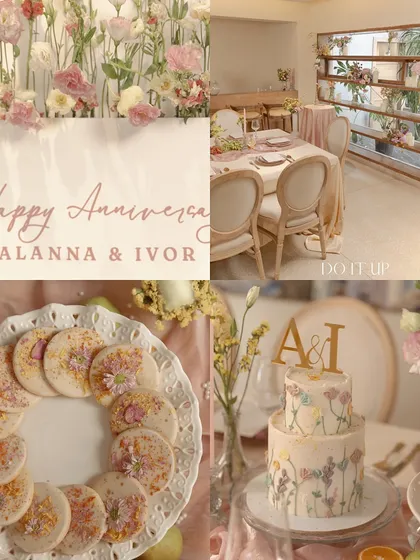 A collage of sweet details from a floral-themed anniversary brunch. This includes a custom welcome sign, a beautifully decorated cake with the couple's initials, and delicate cookies, all tied together with a soft pastel palette.