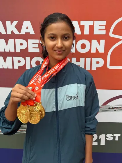 Advita Mohan stands tall with her three gold medals from the Karnataka State Shooting Championship. Her success across multiple team events highlights the strength and depth of our training programs.