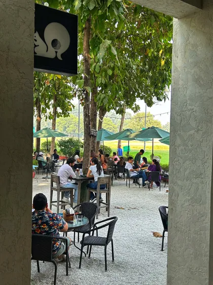 A view of the bustling cafe patio from inside, showing the lively and social atmosphere.