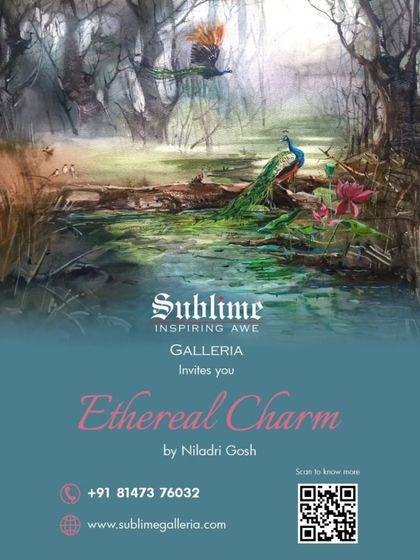 Another stunning invitation for 'Ethereal Charm', this time featuring a watercolor of peacocks in a mystical forest.