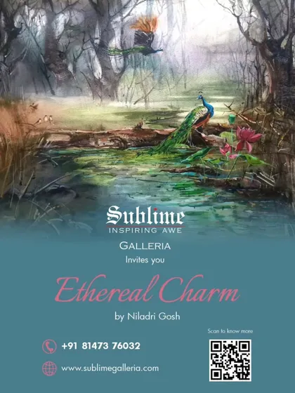 The poster for 'Ethereal Charm' by Niladri Gosh at our UB City location, featuring a magical forest scene that draws the viewer in.