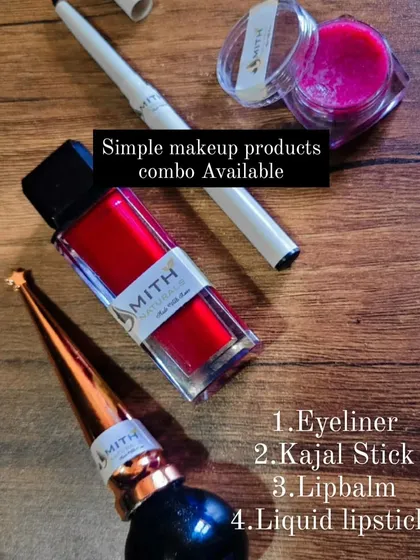 This is my simple, all-natural makeup combo, perfect for your daily routine. It includes my gentle homemade eyeliner, a non-irritating kajal stick, a nourishing lip balm, and a vibrant liquid lipstick, all made by me with safe ingredients.