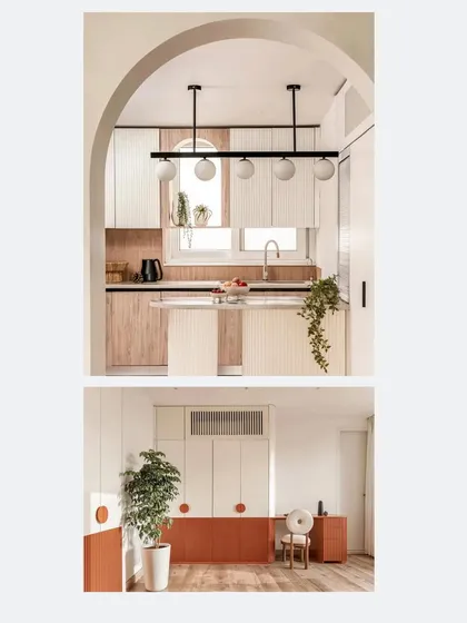 This spread from Architecture + Design showcases the kitchen and a bedroom, noting our use of understated luxury and an affinity for arches.