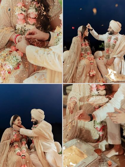 A collage of ritual moments from a Sikh wedding ceremony. It captures the tying of the mangalsutra and other traditions, all filled with emotion and significance.