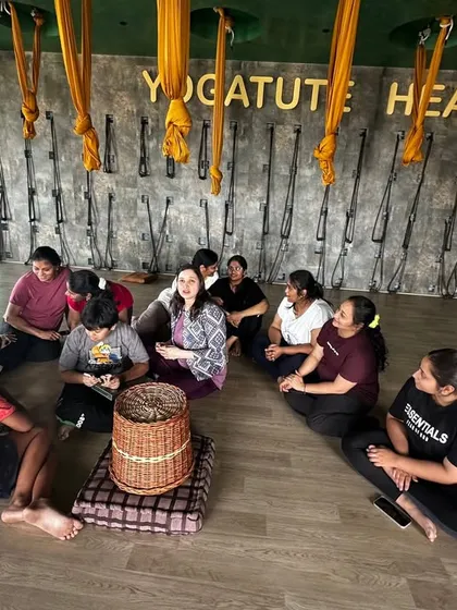 Celebrating a birthday with a yoga session. Sunitha brought her friends to the studio for a healthy and inspiring celebration, complete with a satvick cake.