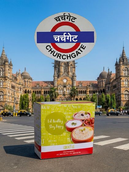 Our meal box in front of the iconic Chhatrapati Shivaji Maharaj Terminus. We are proud to deliver our nutritious meals to the bustling area of Churchgate.