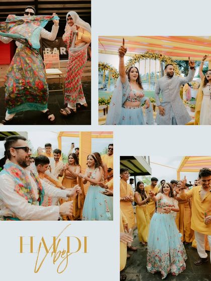 A collage of the "Haldi Vibes," showing guests dancing and celebrating with the couple.