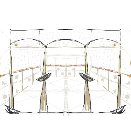 This detailed sketch for Carnatic Cafe shows our thinking on how to use arches, lighting, and traditional motifs in a minimal yet rich way. The design seeks to create a sense of familiarity without resorting to common tropes.