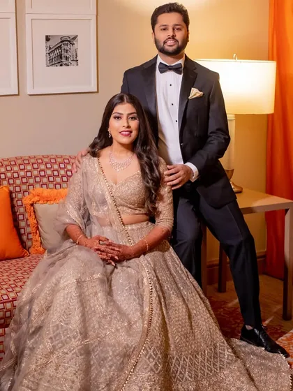 A regal portrait of the couple at their reception.