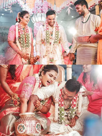 A collage capturing the fun and games of a South Indian wedding, including the playful ritual of finding a ring in a pot, a moment filled with laughter.