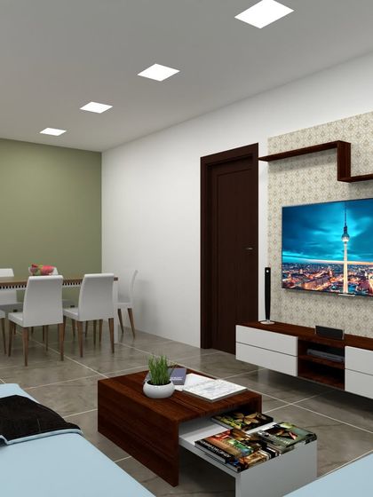 This render shows the combined living and dining area. We ensure our designs are practical, providing ample space for both relaxation and family meals.