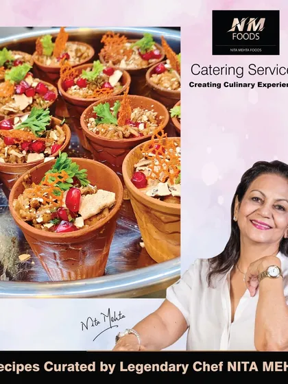 Our catering services are built on recipes curated by Chef Nita Mehta. This image showcases one of our creative chaat preparations, reflecting her innovative spirit.