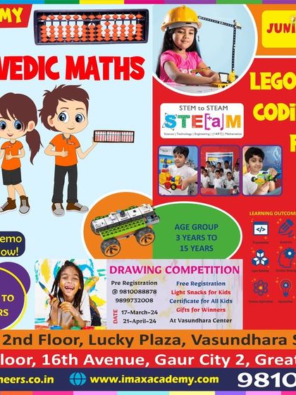 A detailed brochure-style image that covers our Abacus, Vedic Maths, LEGO, Robotics, and Coding classes, along with information about a drawing competition at our Vasundhara and Gaur City centers.