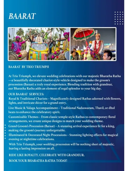 We elevate the groom's procession with our majestic Baarat services. We can arrange for beautifully decorated chariots, live music, and a grand arrival experience fit for a king.