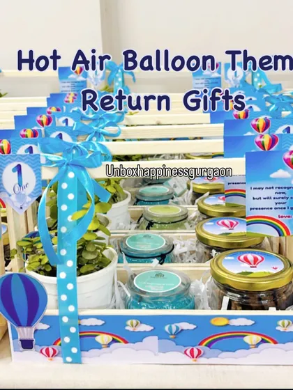A full view of the 'Hot Air Balloon' themed return gifts, demonstrating the complete, ready-to-gift package.