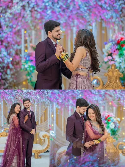 A collage of Riddhi and Varun from their grand engagement ceremony. It showcases their beautiful outfits, the lavish floral decor, and their romantic poses.