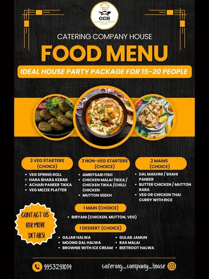 This is our ideal house party package for 15 to 20 people. It includes a choice of veg and non-veg starters, main courses, biryani, and dessert, giving you a complete meal solution.