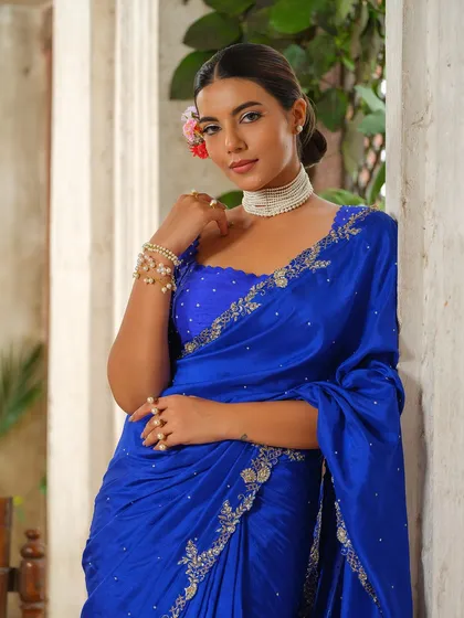 A beautiful royal blue saree with delicate silver embroidery, another gem from the Jashn-de-Fleurs collection.