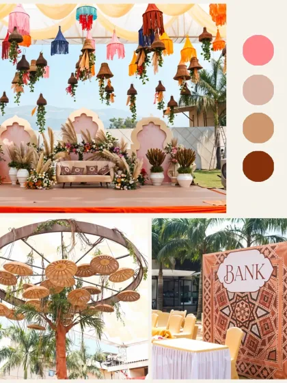 A beautiful boho Haldi mood board with earthy tones, pampas grass, and colorful hanging lanterns. This style is perfect for a relaxed and chic celebration.