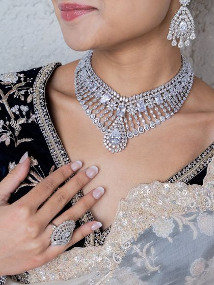A closer view of the all-diamond choker, showing the delicate waterfall design and the large central pendant. This piece is designed to make a statement with its sparkle and elegance.