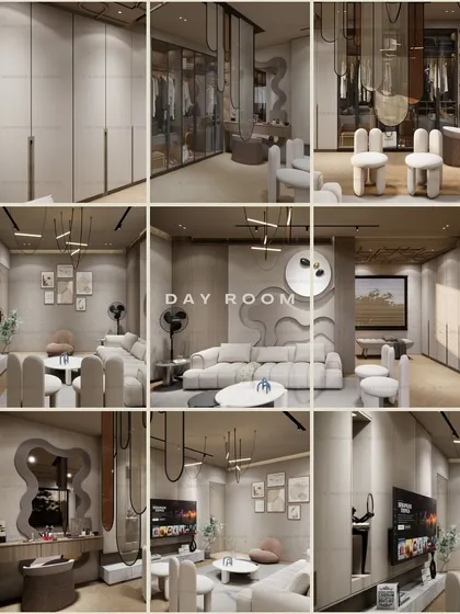 This collage captures the essence of a modern day room, a versatile space designed for relaxation and style. It highlights the use of a soft pastel palette, herringbone flooring, and unique details like the curvy 3D art wall and a hanging jali partition, demonstrating how I balance comfort, function, and aesthetic appeal in a single room.
