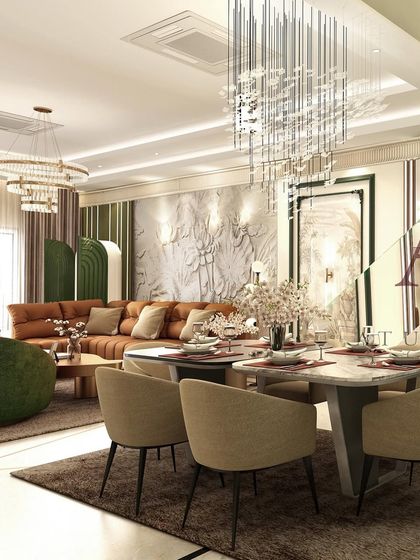 An open and airy living-dining space featuring a stunning crystal chandelier, a 3D floral wall mural, and a rich tan leather sofa.