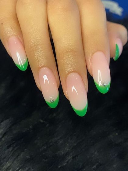 A close-up shot highlighting the vibrant neon green color and precise application.